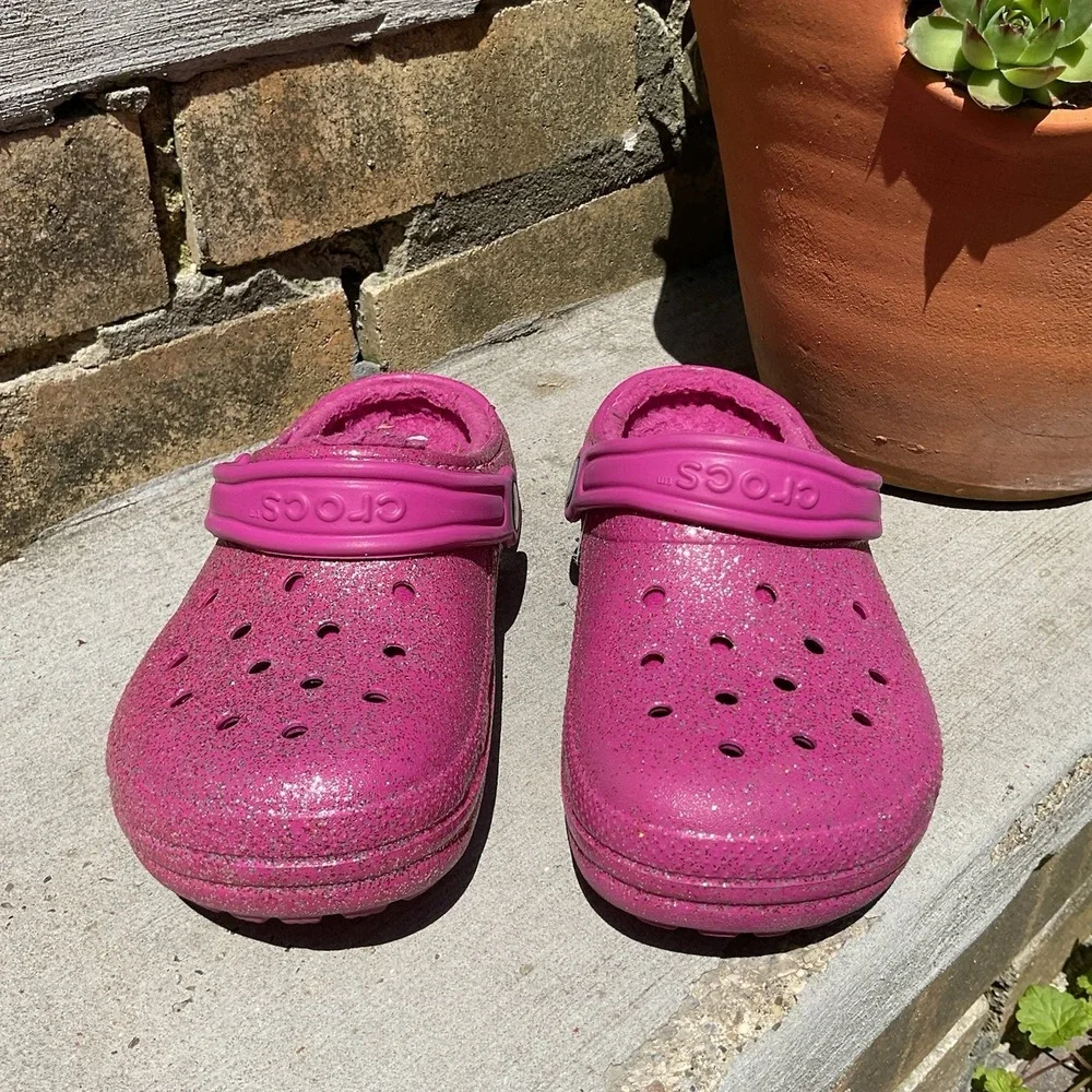 Crocs Youth Classic Fur Lined Pink‎ Clog Sparkle Glitter Fuzzy Size Junior 3
